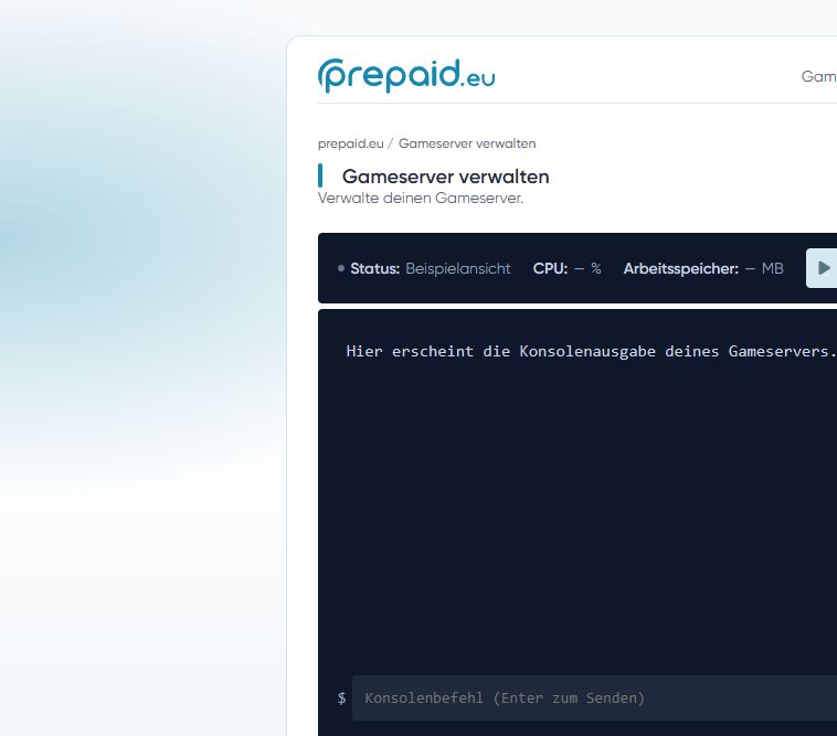 Gameserver-Konsole mit Start-, Neustart- und Stop-Steuerung sowie Eingabe für Konsolenbefehle